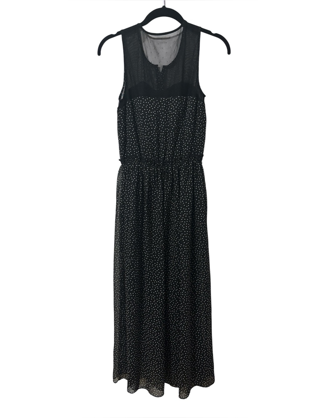 JACOB (XS) Sleeveless Black Polka Dot Midi Dress Mesh Flowy Lined Elastic Waist - Picture 4 of 15